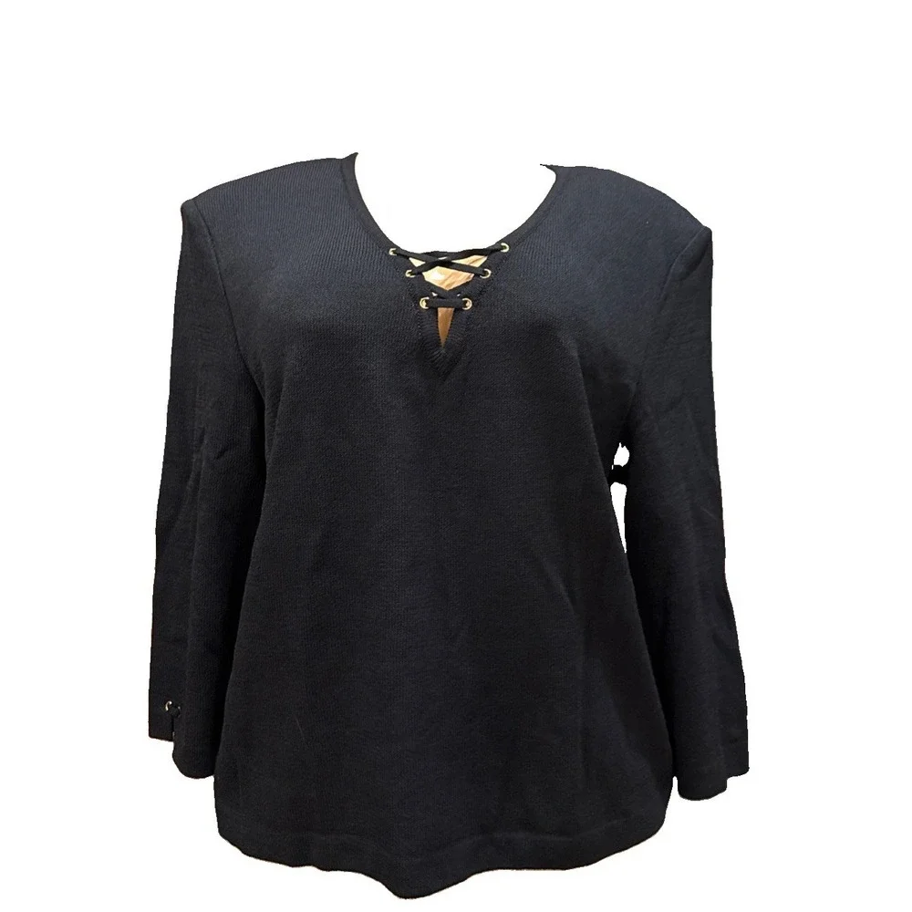 ST. JOHN Collection by Marie Gray Knit Laced V-neck Studs Black Sweater